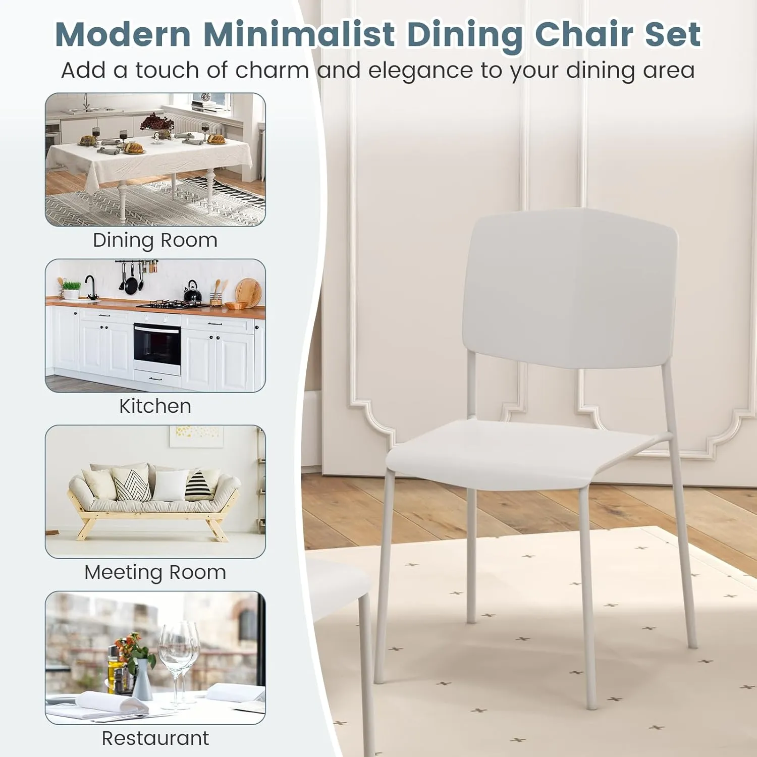 Giantex Stackable Dining Chairs Set of 4, Modern Kitchen Chairs w/Metal Legs & Curved Back, Load up to 350 LBS, Plastic Armless Side Chairs for Living Dining Room Home Restaurant, White