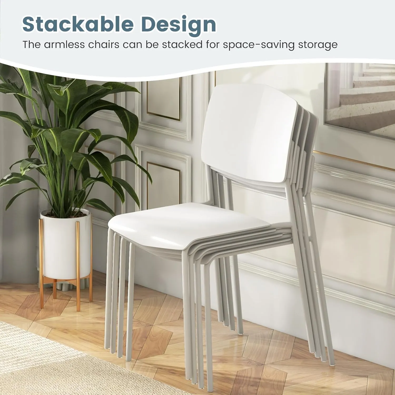 Giantex Stackable Dining Chairs Set of 4, Modern Kitchen Chairs w/Metal Legs & Curved Back, Load up to 350 LBS, Plastic Armless Side Chairs for Living Dining Room Home Restaurant, White