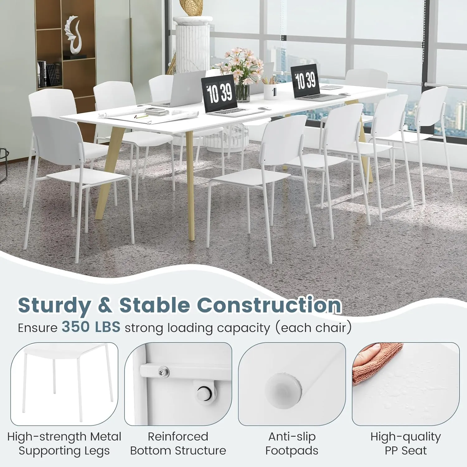 Giantex Stackable Dining Chairs Set of 4, Modern Kitchen Chairs w/Metal Legs & Curved Back, Load up to 350 LBS, Plastic Armless Side Chairs for Living Dining Room Home Restaurant, White