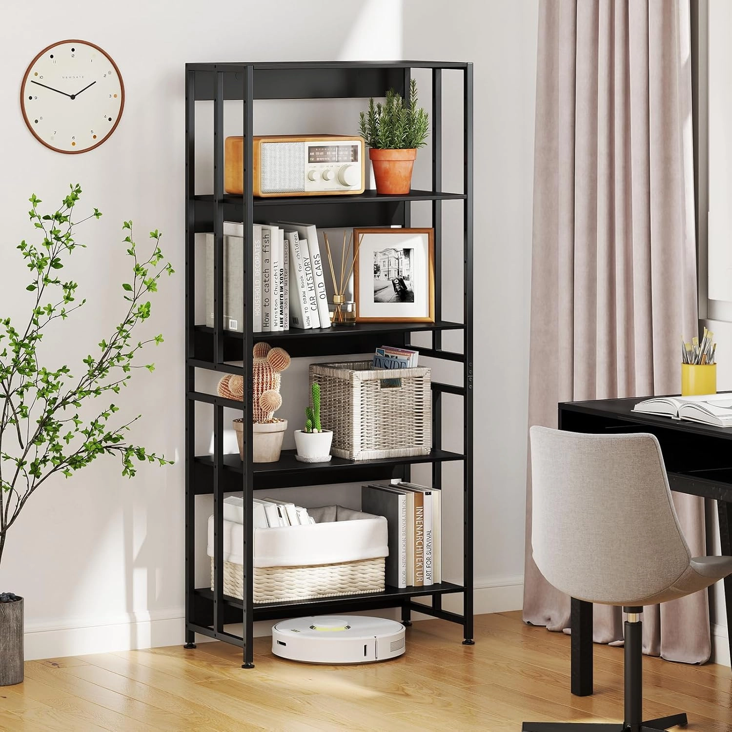 Giantex 5-Tier Bookshelf, 62" Tall Bookcase w/Tiltable Shelves, Metal Frame, Convertible Display Storage Rack, Freestanding Shelf Organizer Standing Shelving Unit for Living Room,Black