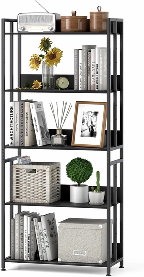 Giantex 5-Tier Bookshelf, 62" Tall Bookcase w/Tiltable Shelves, Metal Frame, Convertible Display Storage Rack, Freestanding Shelf Organizer Standing Shelving Unit for Living Room,Black