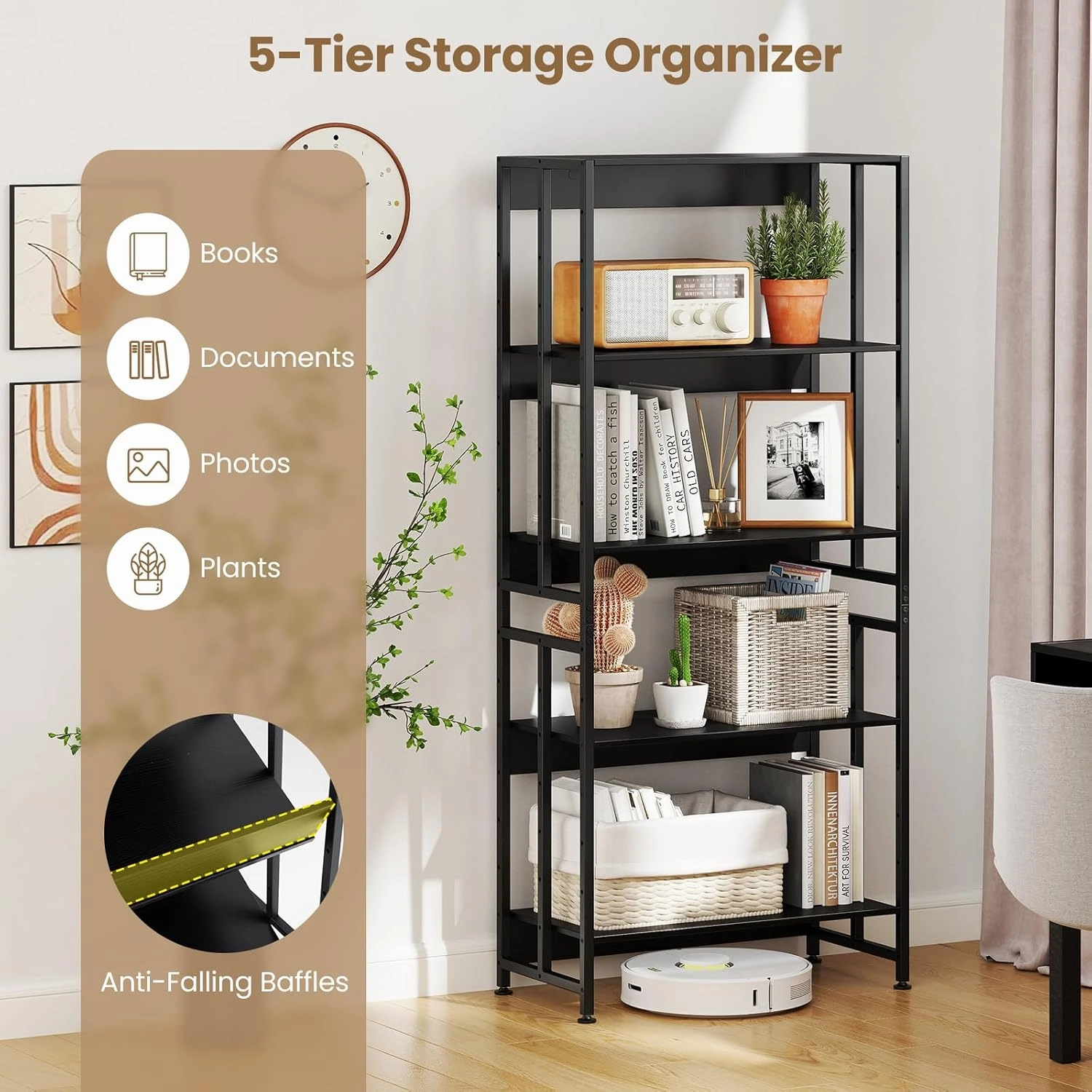 Giantex 5-Tier Bookshelf, 62" Tall Bookcase w/Tiltable Shelves, Metal Frame, Convertible Display Storage Rack, Freestanding Shelf Organizer Standing Shelving Unit for Living Room,Black