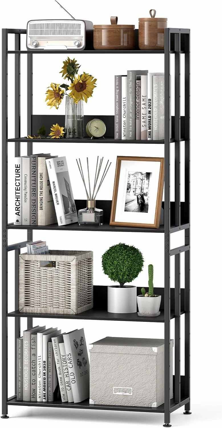 Giantex 5-Tier Bookshelf, 62" Tall Bookcase w/Tiltable Shelves, Metal Frame, Convertible Display Storage Rack, Freestanding Shelf Organizer Standing Shelving Unit for Living Room,Black