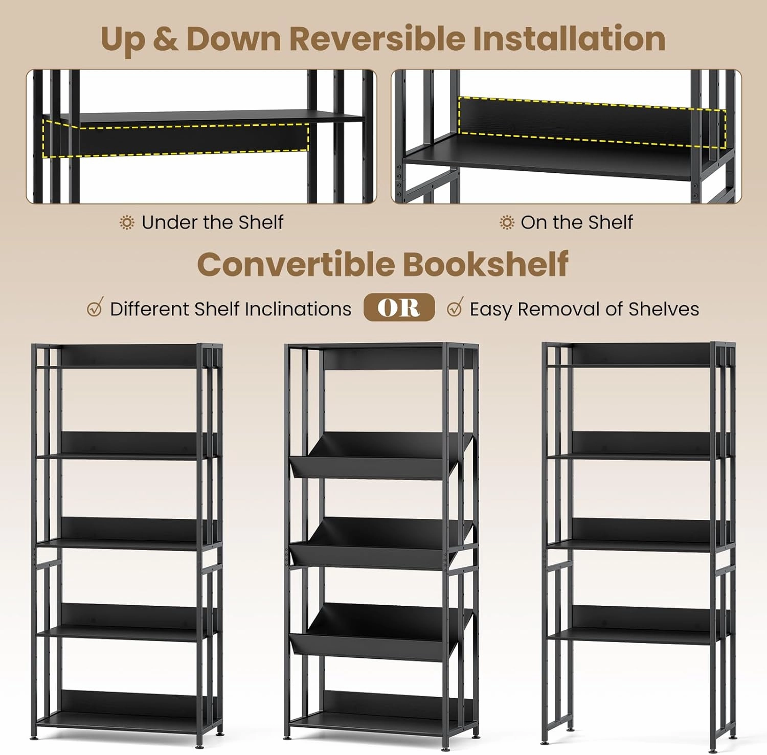 Giantex 5-Tier Bookshelf, 62" Tall Bookcase w/Tiltable Shelves, Metal Frame, Convertible Display Storage Rack, Freestanding Shelf Organizer Standing Shelving Unit for Living Room,Black