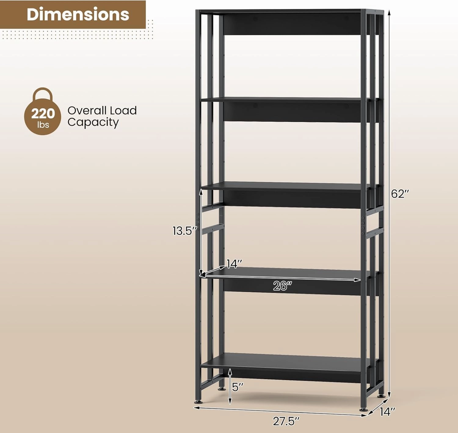Giantex 5-Tier Bookshelf, 62" Tall Bookcase w/Tiltable Shelves, Metal Frame, Convertible Display Storage Rack, Freestanding Shelf Organizer Standing Shelving Unit for Living Room,Black