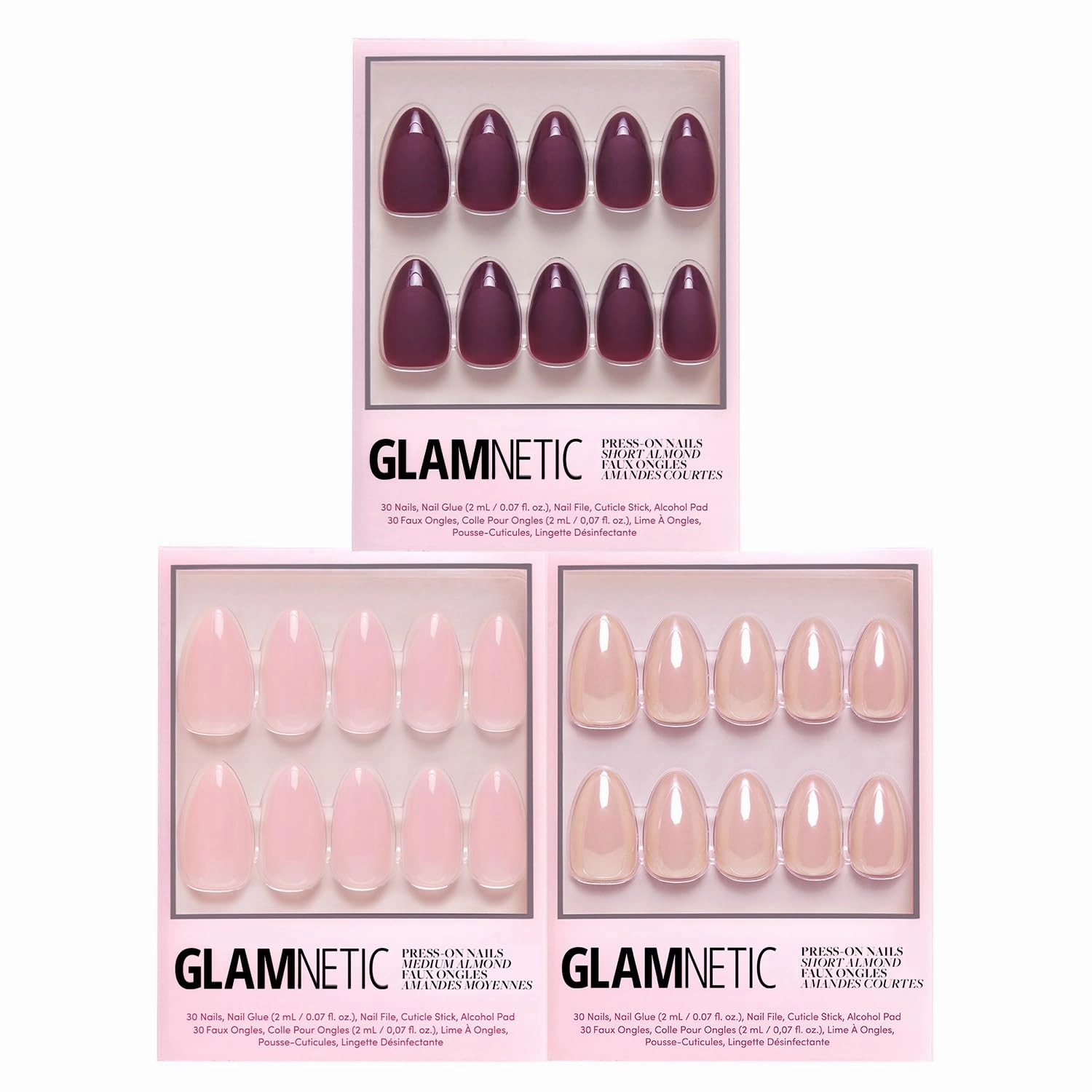 Glamnetic Press-On Nails Bundle - Cloud 9, Los Angeles & Merlot | Medium Pointed Almond Pink Fake Nails with a Jelly UV Finish | Blush Nude Pink Short Almond False Nails with a Glazed Finish | Matte S