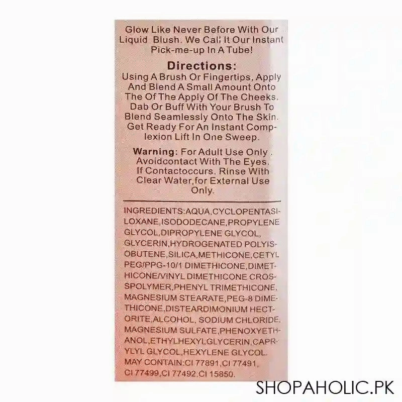 Glamorous Face Liquid Blush Rosy Glow Cream, 02 GF8058, 12ml