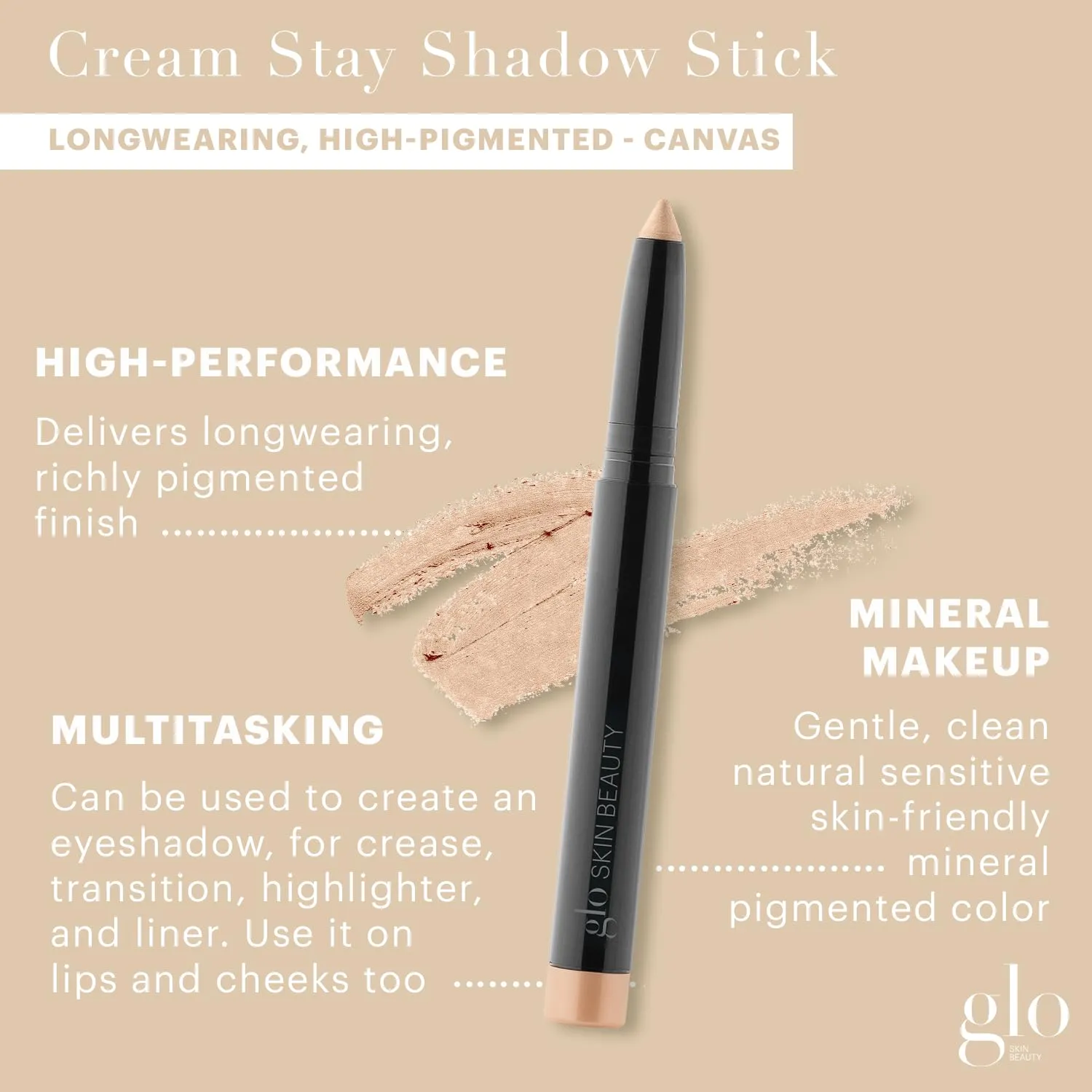 Glo Skin Beauty Cream Stay Shadow Stick (Canvas) - Multi-Purpose Eyeshadow Mineral Makeup Can Also Be Used as Liner on Lips or Cheeks, 12-Hours of Wear