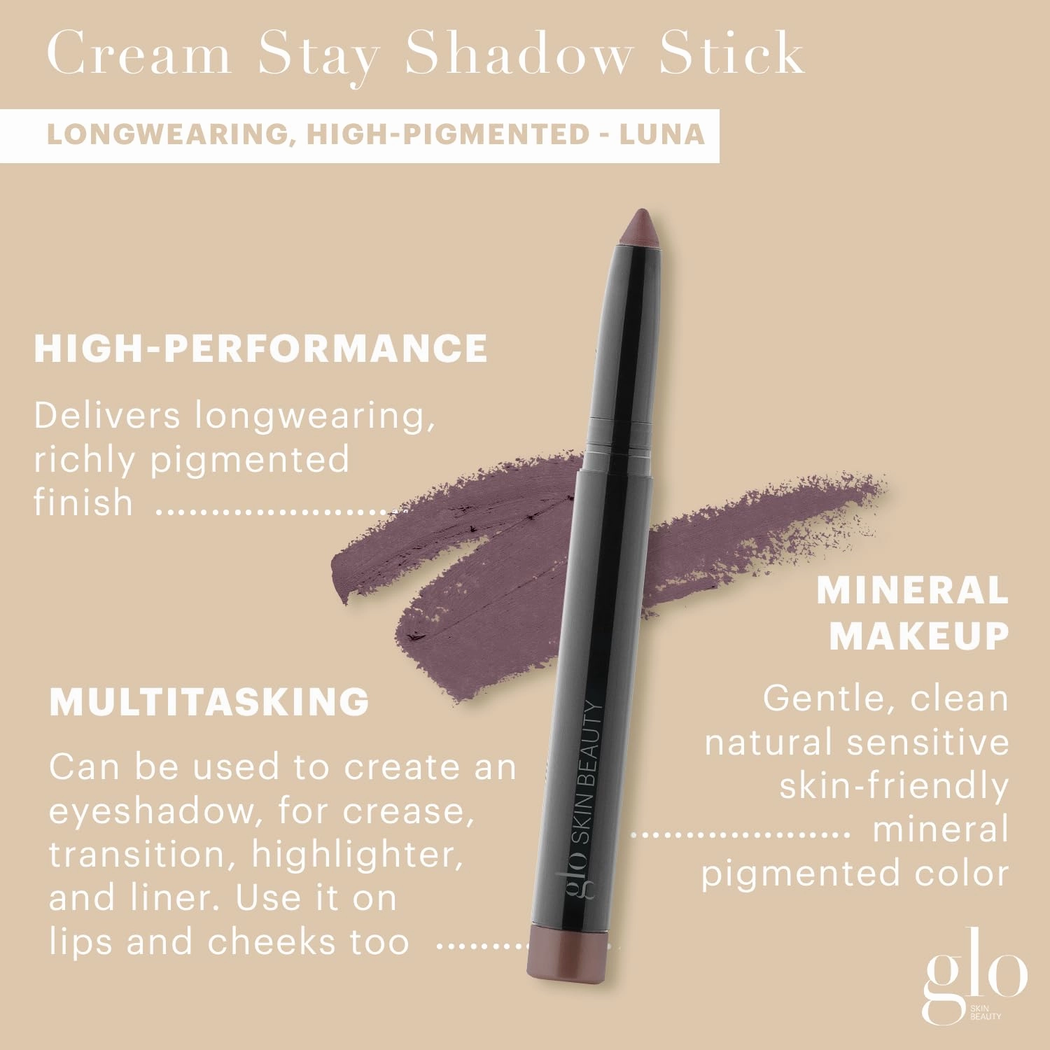 Glo Skin Beauty Cream Stay Shadow Stick (Luna) - Multi-Purpose Eyeshadow Mineral Makeup Can Also Be Used as Liner on Lips or Cheeks, 12-Hours of Wear