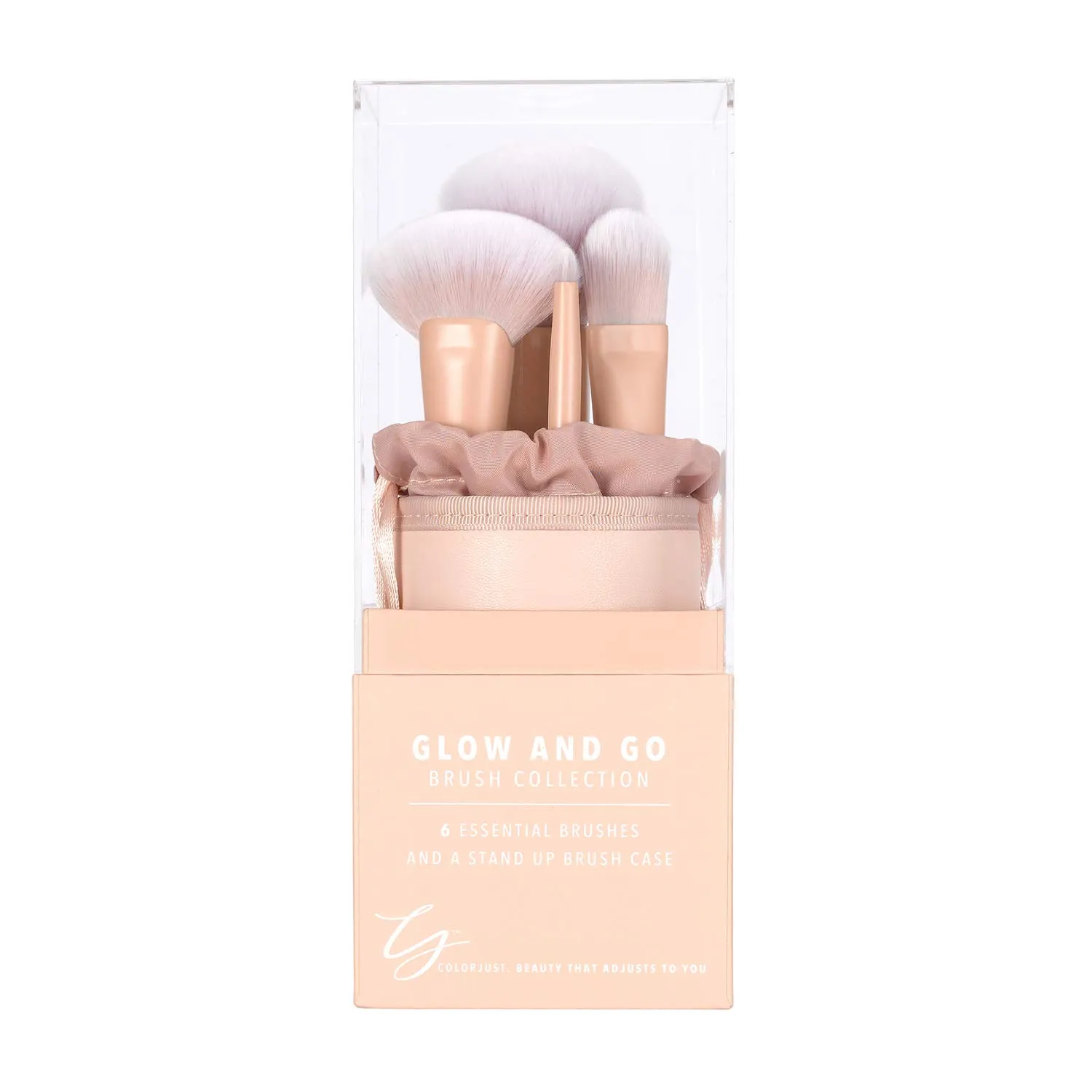 Glow and Go Brush Collection, 7-Piece Face Brush Set & Round Bush Container with Drawstring Closure