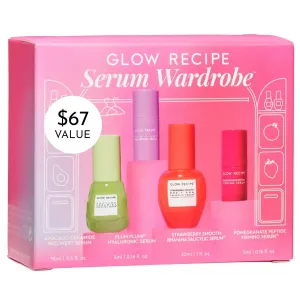 Glow Recipe Serum Skin Care Set - Avocado Ceramide, Strawberry Smooth AHA BHA, Plum Plump Hyaluronic Acid, Pomegranate Peptide Firming - 4 Piece Travel Skincare Gift Set
