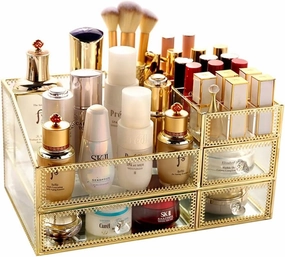 Gold Glass Makeup Organizer Drawer, Cosmetic Skin Care Mask Lipstick Clear Organizers and Storage, Multifunction Desktop Finishing Rack Drawer