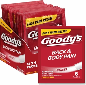 Goody's Back & Body Pain Relief Powder, Fast-Acting Back Pain Relief with Acetaminophen and Aspirin, Caffeine Free, Dissolve Packs, 6 Powder Sticks, 12 Pack