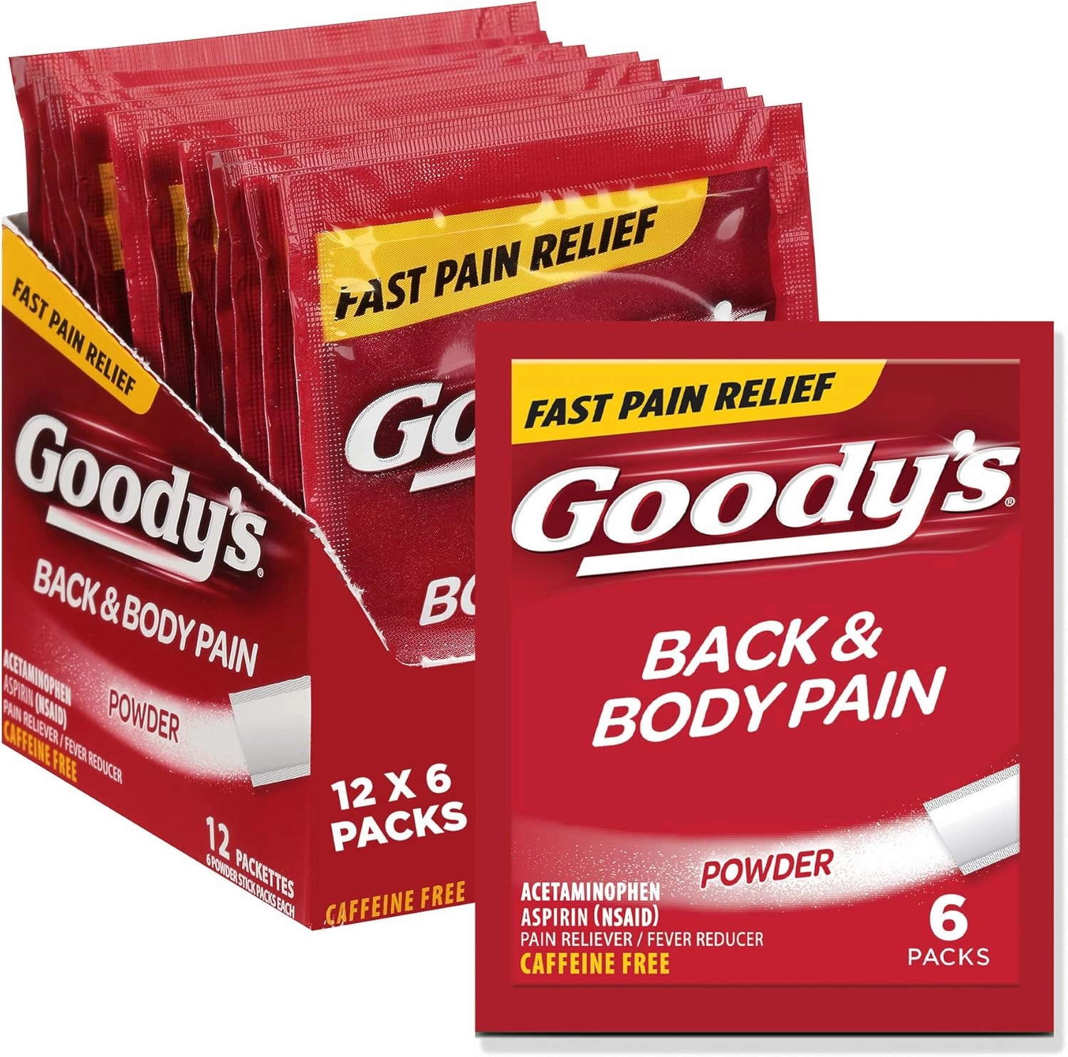 Goody's Back & Body Pain Relief Powder, Fast-Acting Back Pain Relief with Acetaminophen and Aspirin, Caffeine Free, Dissolve Packs, 6 Powder Sticks, 12 Pack