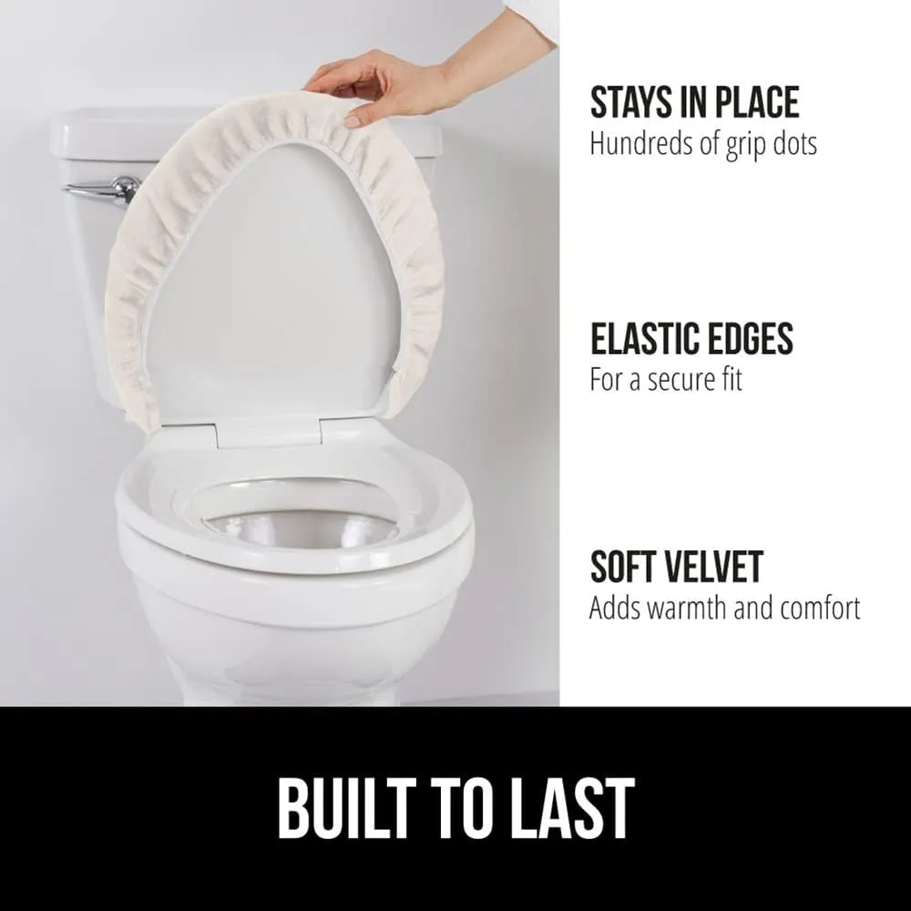 GORILLA GRIP Memory Foam Toilet Lid Seat Cover, Stays In Place Elastic Edges, Soft Velvet Bathroom Covers, Universal Fit for Standard Oblong Round Elongated Bath Room Bowl Lids, Washable, Ivory Cream