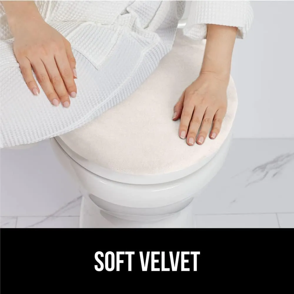 GORILLA GRIP Memory Foam Toilet Lid Seat Cover, Stays In Place Elastic Edges, Soft Velvet Bathroom Covers, Universal Fit for Standard Oblong Round Elongated Bath Room Bowl Lids, Washable, Ivory Cream