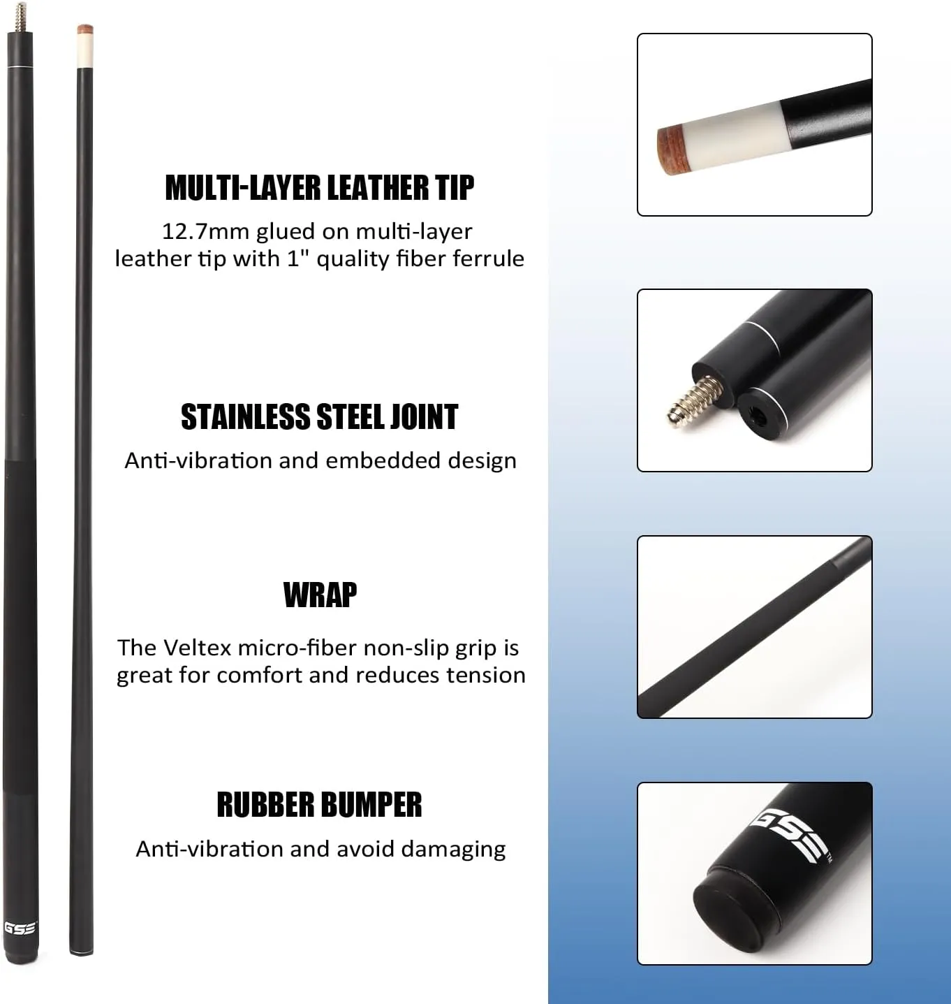 GSE Games & Sports Expert 58" 2-Piece Fiberglass Graphite Composite Billiard Pool Cue Sticks (Several Colors Available, Weight from 18oz, 19oz, 20oz, 21oz)