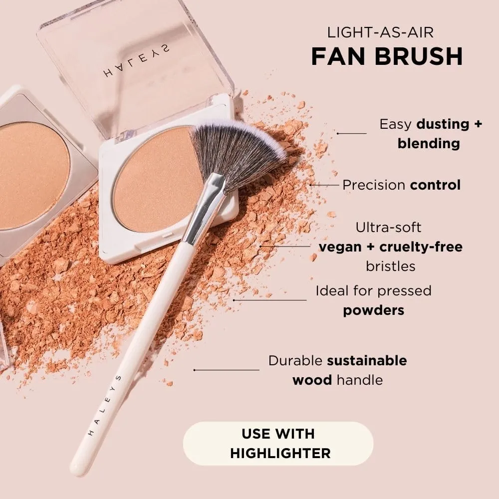 HALEYS Fan Brush VEGAN CRUELTY-FREE, Sustainable Wood, Vegan Bristles for Airbrushed Finish, For highlighter application, Streak-free, Perfect Blending, Blurs, Smooths with Control