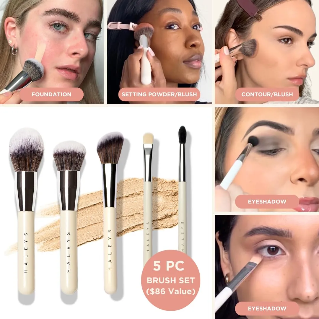 HALEYS Makeup Brush Set 5 pcs: Soft, Streak-free, Perfect Blending, Buff, Blurs and Smooth, Premium Luxury Vegan Bristles, For Liquid, Cream or Powder, Vegan, Cruelty-free, Sustainable Wood