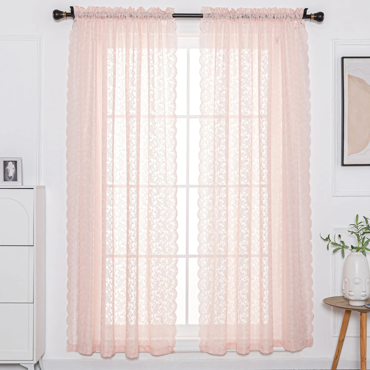 H.ebony Pink Rose Lace Curtains for Living Room -Romantic Shabby Chic Lace Floral and Branch Sheer Curtains 84 Inches Long for Dining Room Set of 2 Rod Pocket, 52 x 84 Inch Dusty Pink
