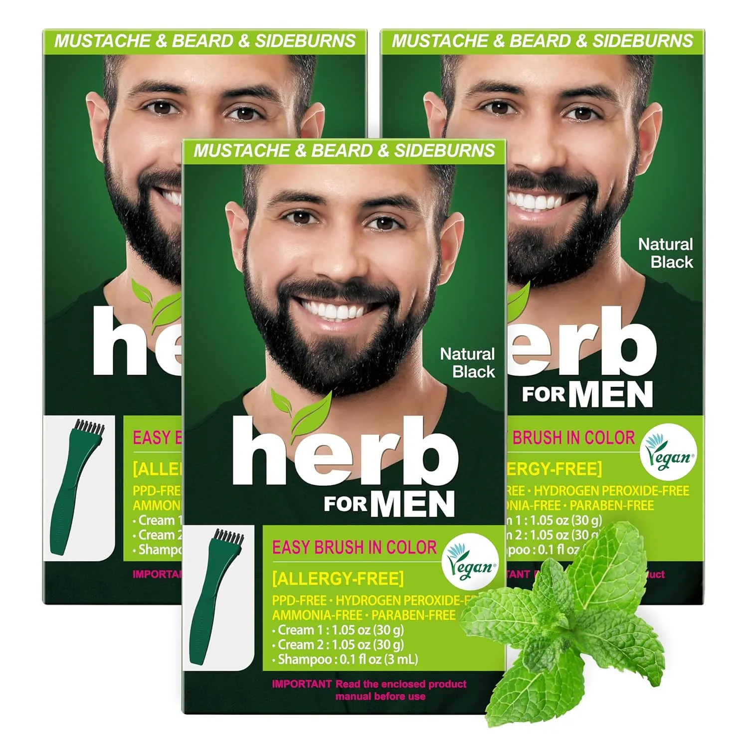 Herb For Men Mustache & Beard Dye (Nature Black, 3 Pack), PPD-Free Ammonia-Free, Vegan with Natural Ingredients, Odorless, Gentle for Sensitive Skin, No Skin Irritation