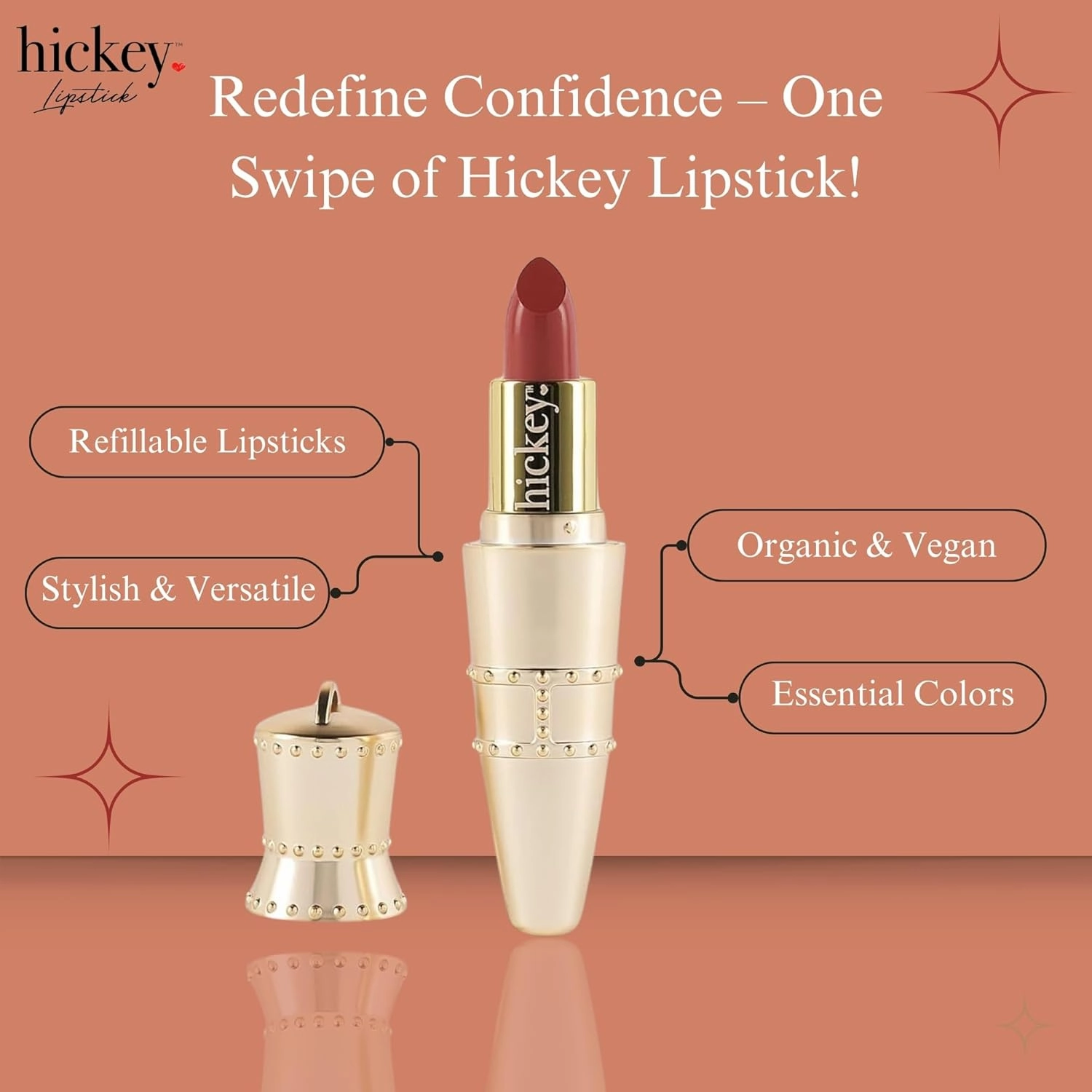 Hickey Lipstick Organic Haute Mess Terracotta Lipstick Shade Refillable, Long Lasting Lipstick for Women, Hydrating & Moisturizing Shade, Lip Color for Women, Gluten-Free & Vegan with Highly Pigmented