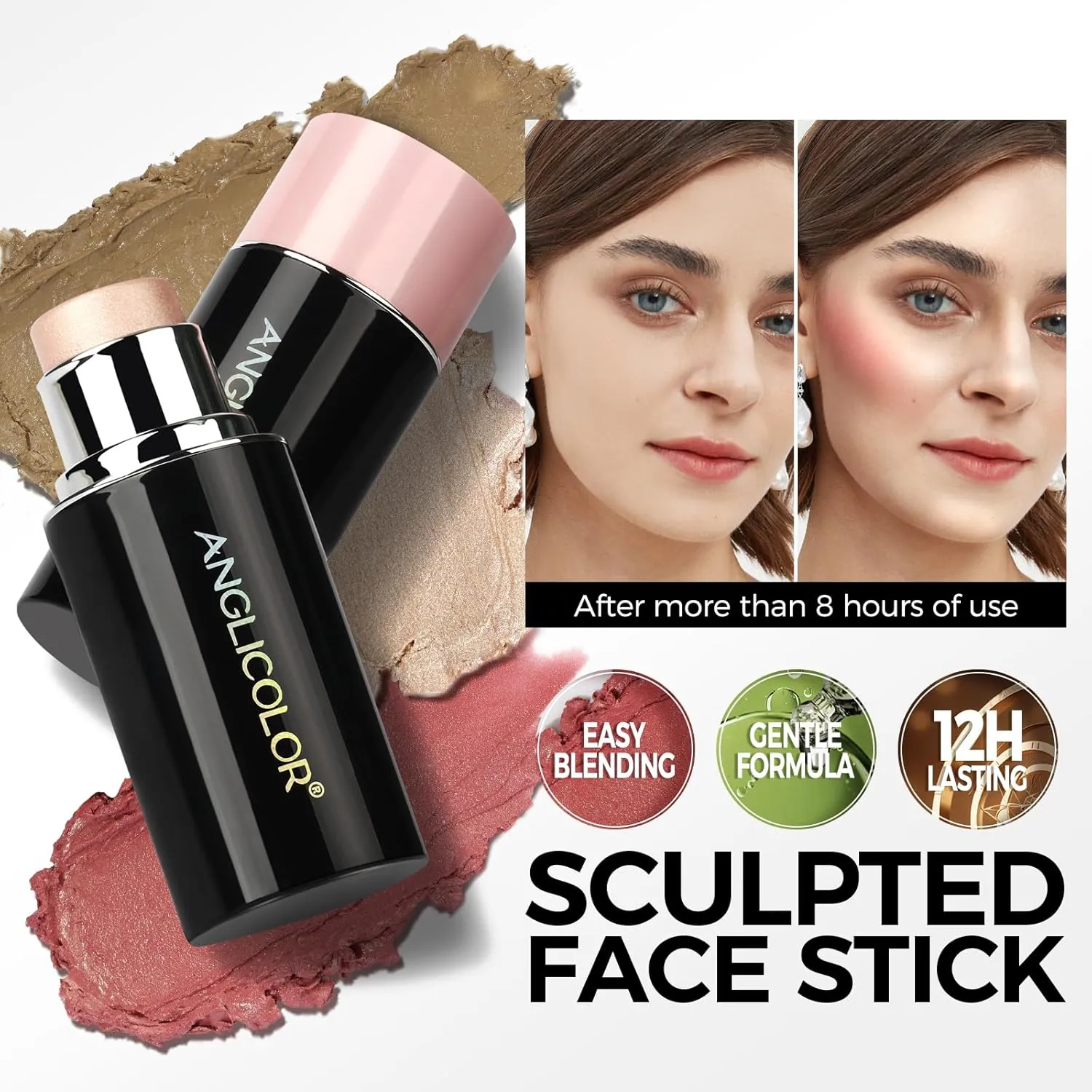 Highlighter Long Lasting, Contour Stick Makeup Naturally, Blush Makeup Smoothing, High Color Rendering, Easy To Mix, Vegan & Cruelty-Fre (Contour Stick Highlighter)
