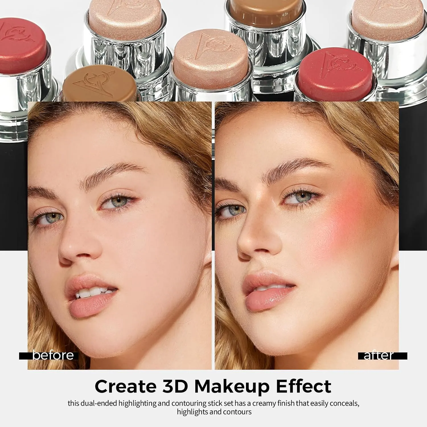 Highlighter Long Lasting, Contour Stick Makeup Naturally, Blush Makeup Smoothing, High Color Rendering, Easy To Mix, Vegan & Cruelty-Fre (Contour Stick Highlighter)