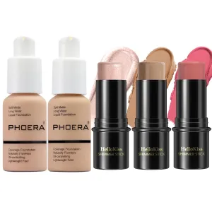 Hilareco PHOERA Foundation,3 PCS Contour Stick Makeup Kit,Shades with Highlighter Stick,Blush Stick and Bronzer Contour (103 104 Light-Medium Contour/Warm peach Buff Beige #02,#10,#12)