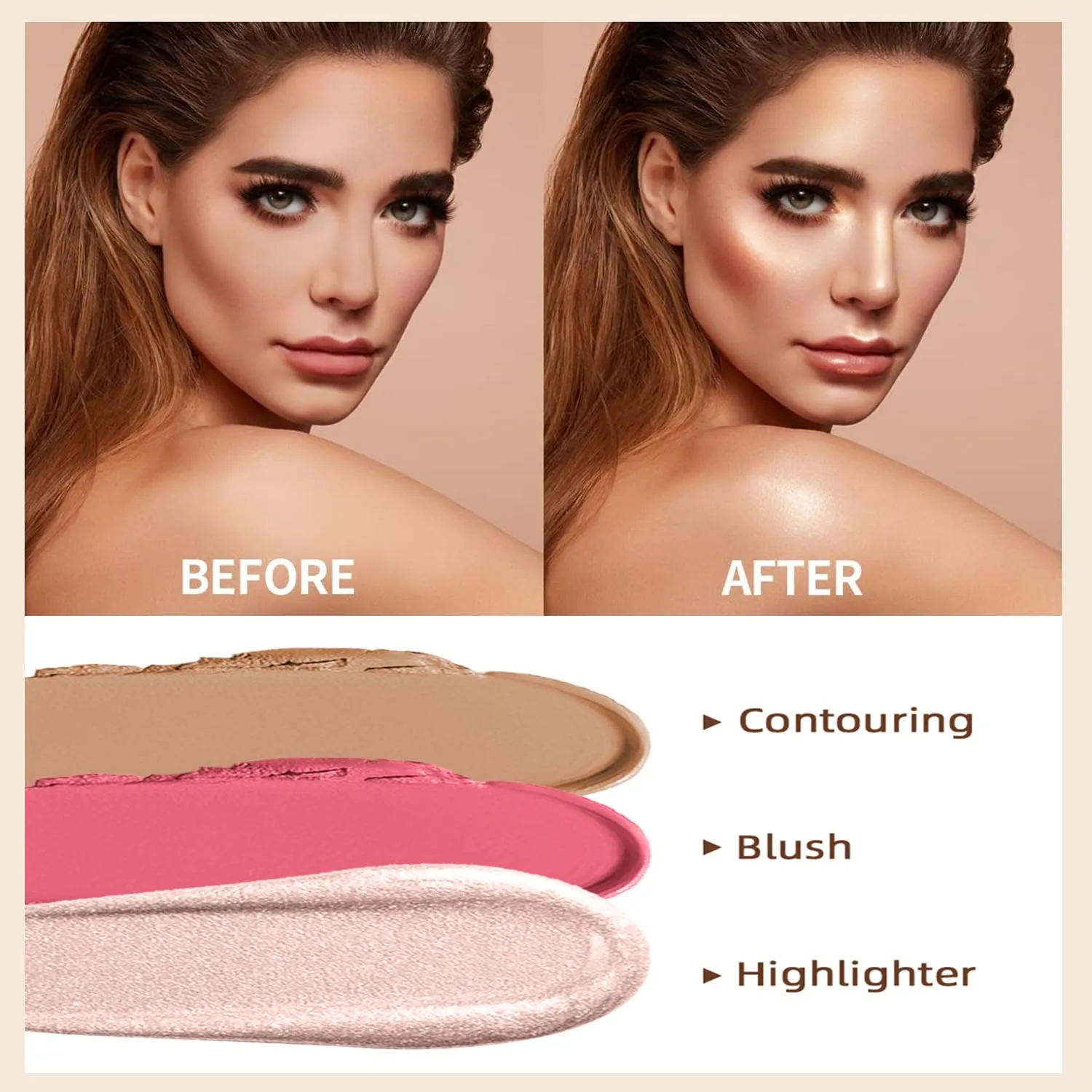 Hilareco PHOERA Foundation,3 PCS Contour Stick Makeup Kit,Shades with Highlighter Stick,Blush Stick and Bronzer Contour (103 104 Light-Medium Contour/Warm peach Buff Beige #02,#10,#12)
