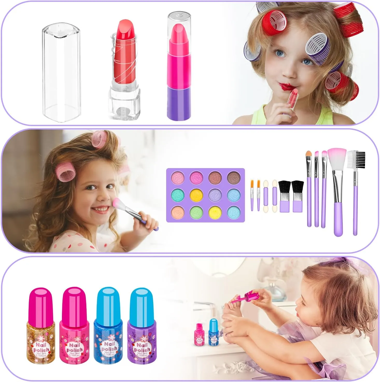Hollyhi 58 Pcs Kids Makeup Kit for Girl, Princess Toys Real Washable Cosmetic Set with Mirror, Kids Makeup Sets for Girls, Play Make Up Birthday Gifts for 3 4 5 6 7 8 9 10 11 12 Years Old Kid(Purple)