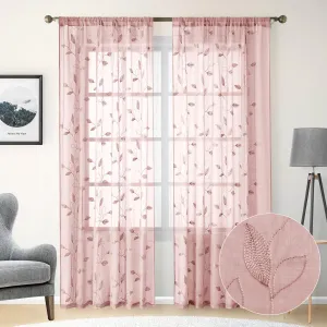 HOMEIDEAS Blush Pink Floral Sheer Curtains 84 Inches Long 2 Panels Embroidered Pattern Semi Sheer Window Curtains for Bedroom Living Room