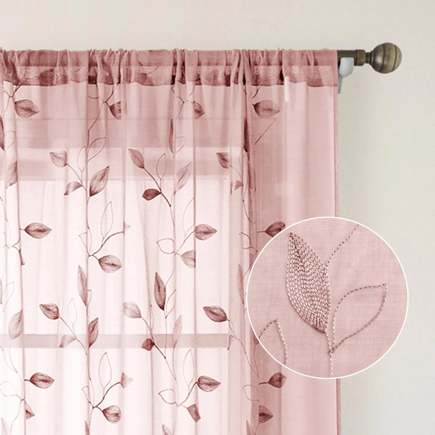 HOMEIDEAS Blush Pink Floral Sheer Curtains 84 Inches Long 2 Panels Embroidered Pattern Semi Sheer Window Curtains for Bedroom Living Room