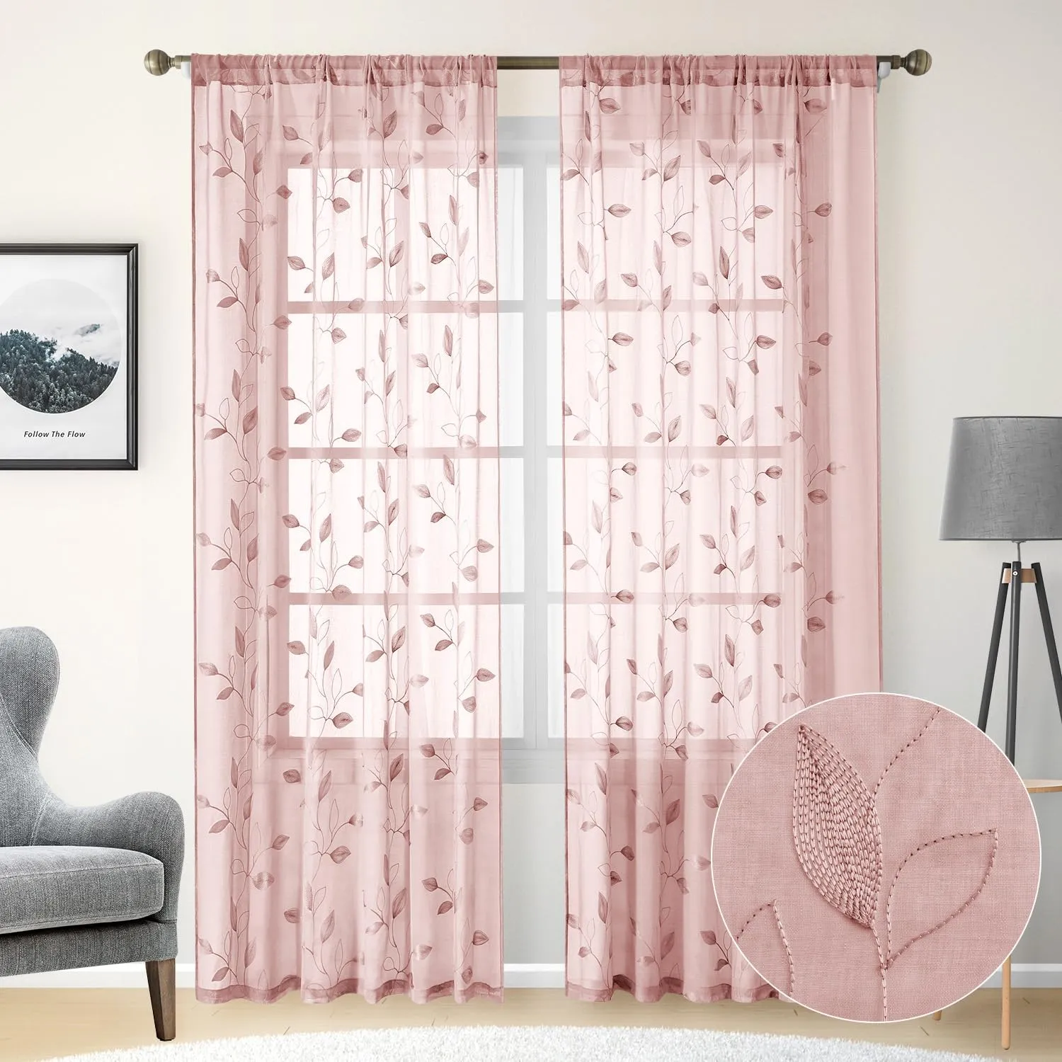 HOMEIDEAS Blush Pink Floral Sheer Curtains 84 Inches Long 2 Panels Embroidered Pattern Semi Sheer Window Curtains for Bedroom Living Room