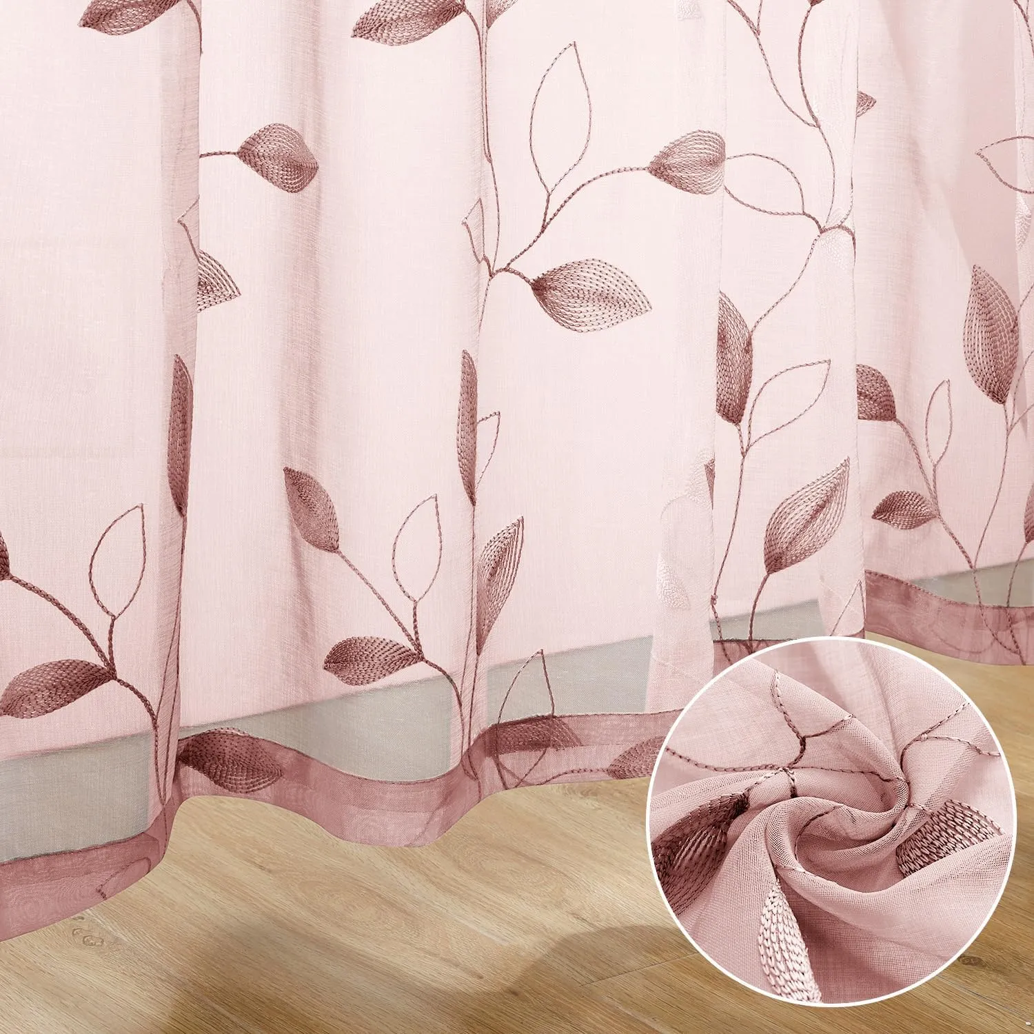 HOMEIDEAS Blush Pink Floral Sheer Curtains 84 Inches Long 2 Panels Embroidered Pattern Semi Sheer Window Curtains for Bedroom Living Room