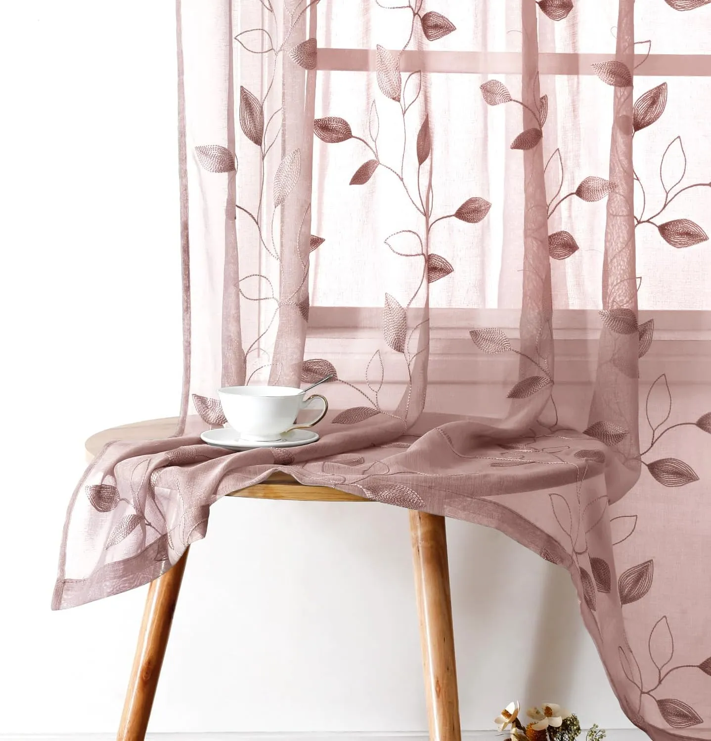 HOMEIDEAS Blush Pink Floral Sheer Curtains 84 Inches Long 2 Panels Embroidered Pattern Semi Sheer Window Curtains for Bedroom Living Room