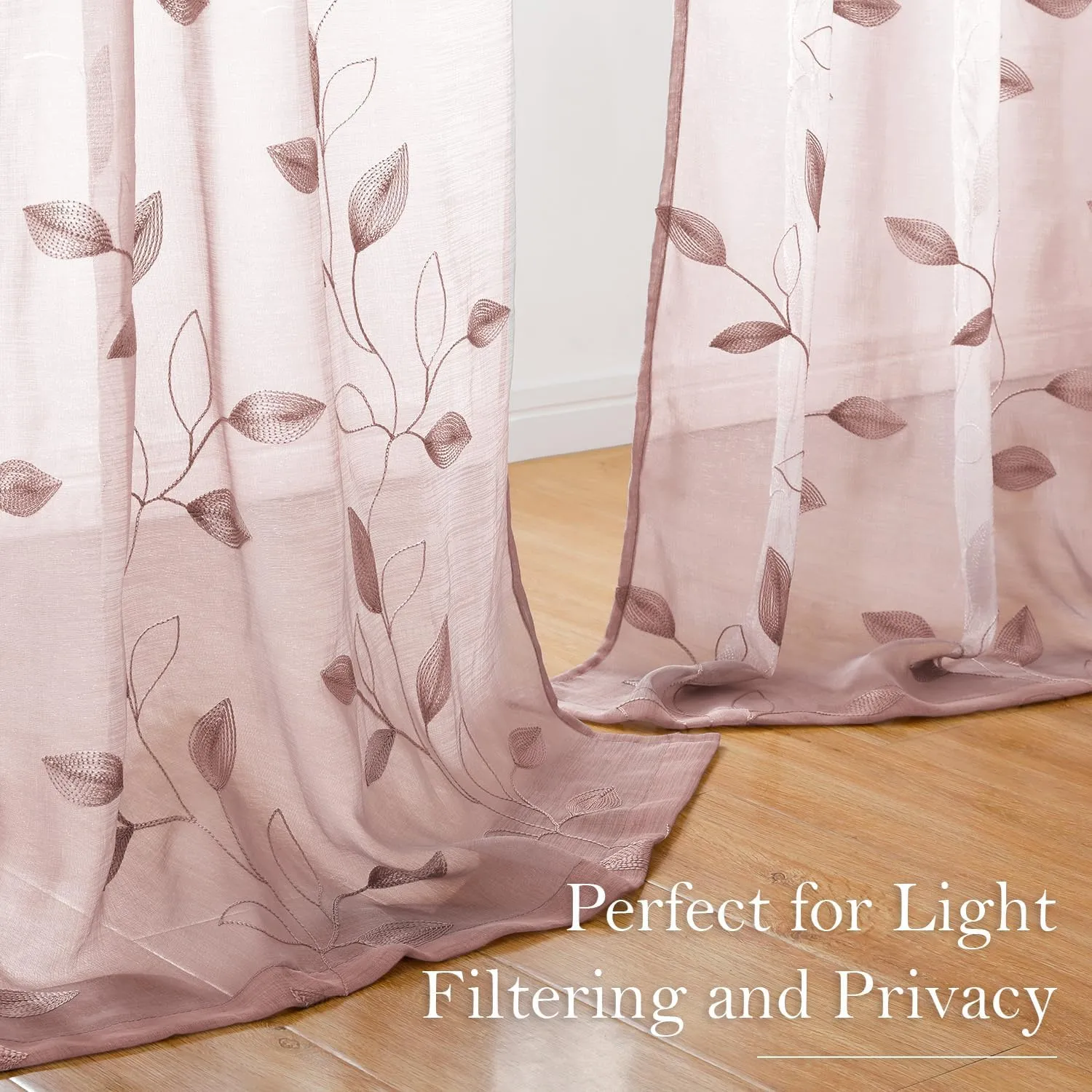 HOMEIDEAS Blush Pink Floral Sheer Curtains 84 Inches Long 2 Panels Embroidered Pattern Semi Sheer Window Curtains for Bedroom Living Room