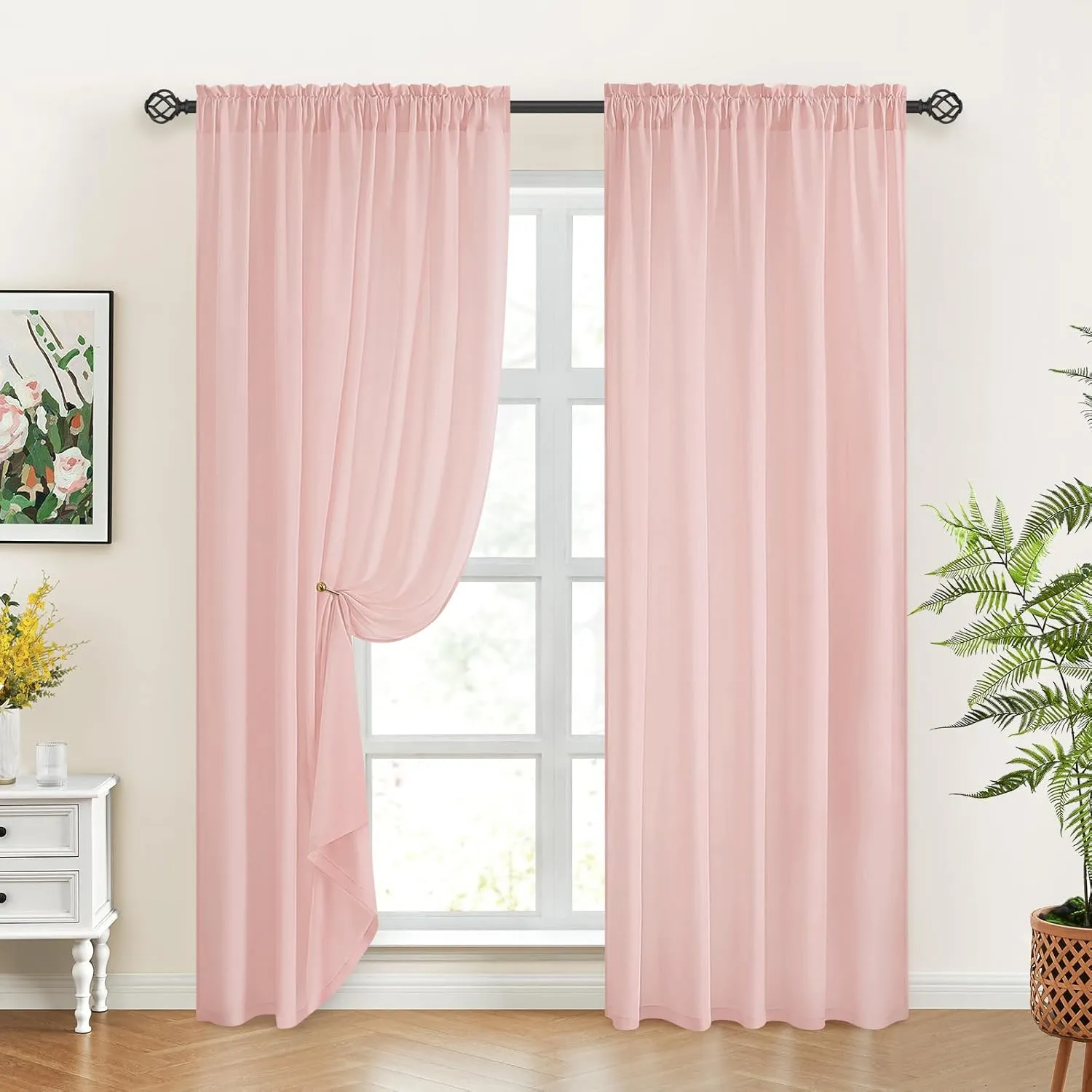 HOMEIDEAS Non-See-Through Blush Pink Privacy Sheer Curtains 52 X 84 Inches Long 2 Panels Sheer Curtains Light Filtering Window Curtains Drapes for Bedroom Living Room