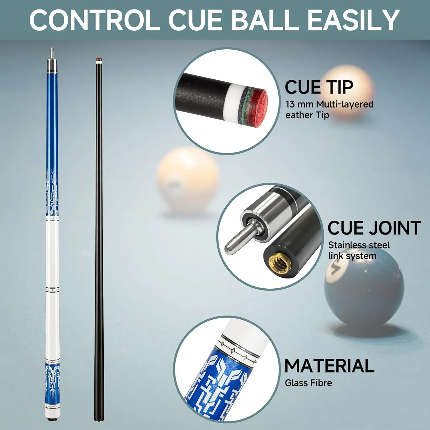 HomeSeason Glass Fiber Pool Cue 58" Professional Pool Stick 12.7mm 4-Layer Tip Low Deflection Cue Stick, 3 * 8/8Joint Pin, Ultra-Smooth, Billiard Cue Sticks