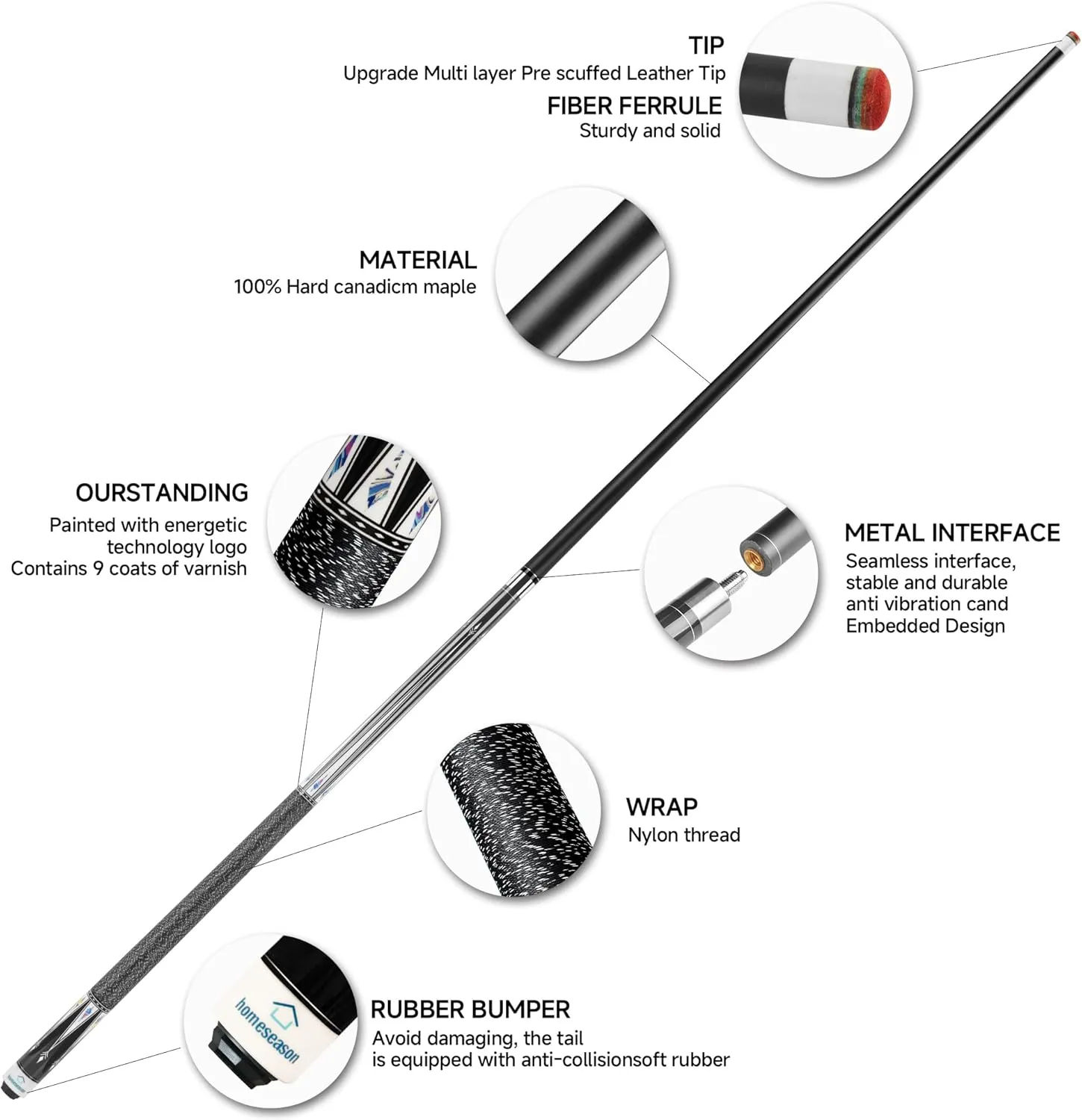 HomeSeason Pool Cue Stick 58" Billiard Cue Sticks Nylon Thread Grip Professional Low Deflection Pool Sticks