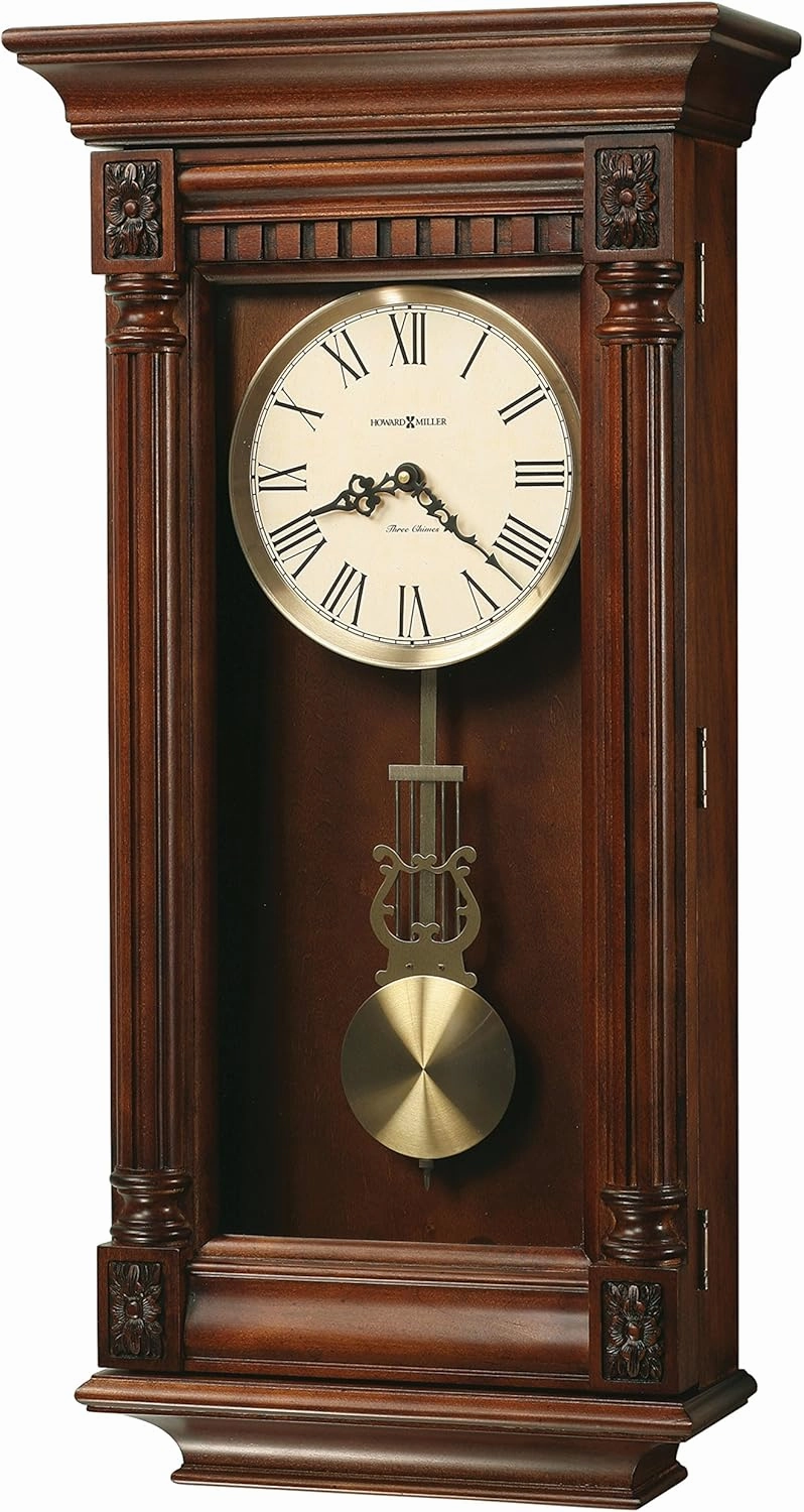 Howard Miller Lewisburg Wooden Wall Clock - Lyre Pendulum & Westminster Chime Antique Style, Roman Numerals, Battery Operated, Rustic Decorative Timepiece for Living Room or Home Decor