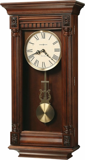 Howard Miller Lewisburg Wooden Wall Clock - Lyre Pendulum & Westminster Chime Antique Style, Roman Numerals, Battery Operated, Rustic Decorative Timepiece for Living Room or Home Decor