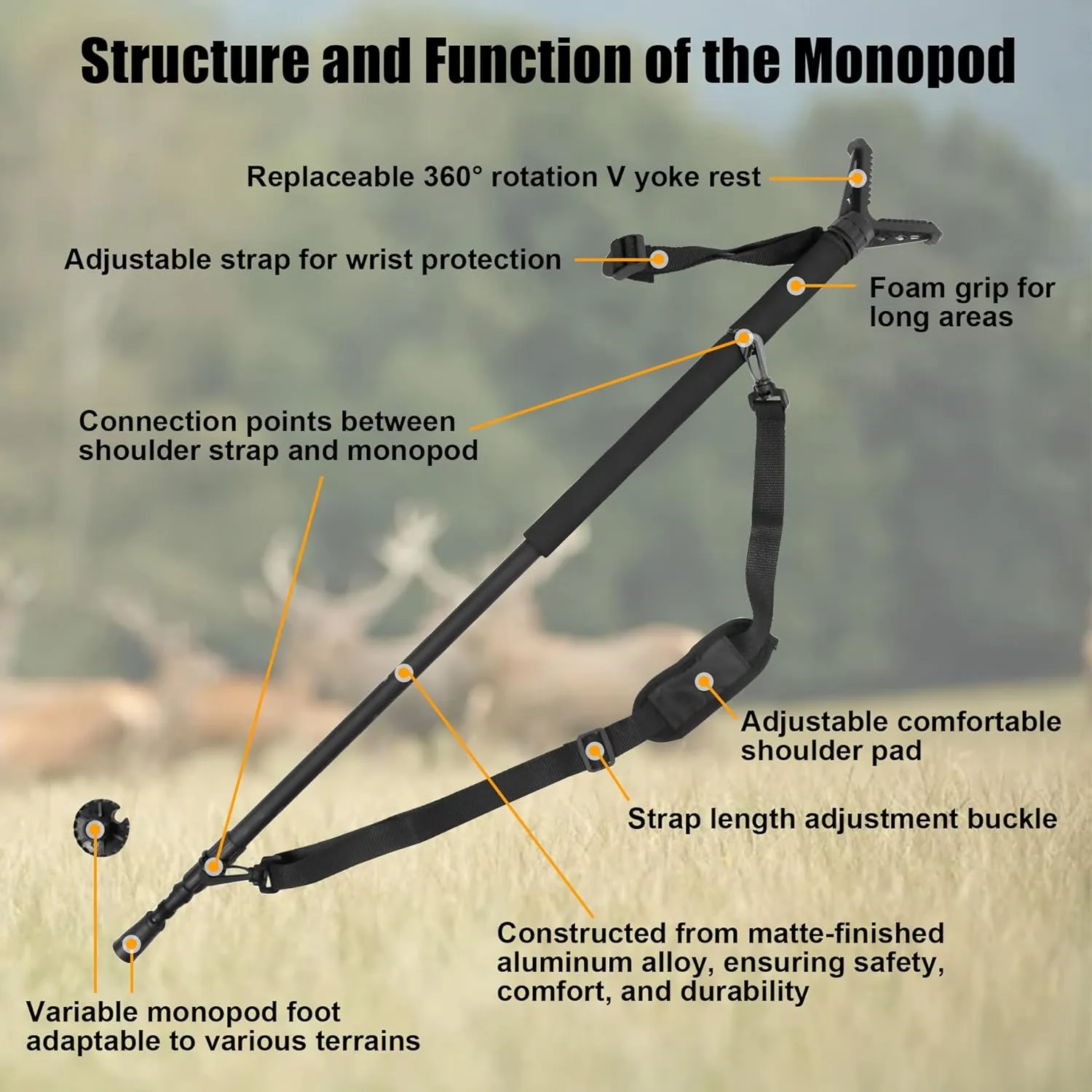 HUNTPAL Hunting Monopod Shooting Stick 33"-75" Gun Rifle Crossbow Shooting Rest Trekking Hiking Pole Walking Stick with Integrated Spike Feet, Matt Aluminum Stand with V Yoke and Carry Shoulder Strap