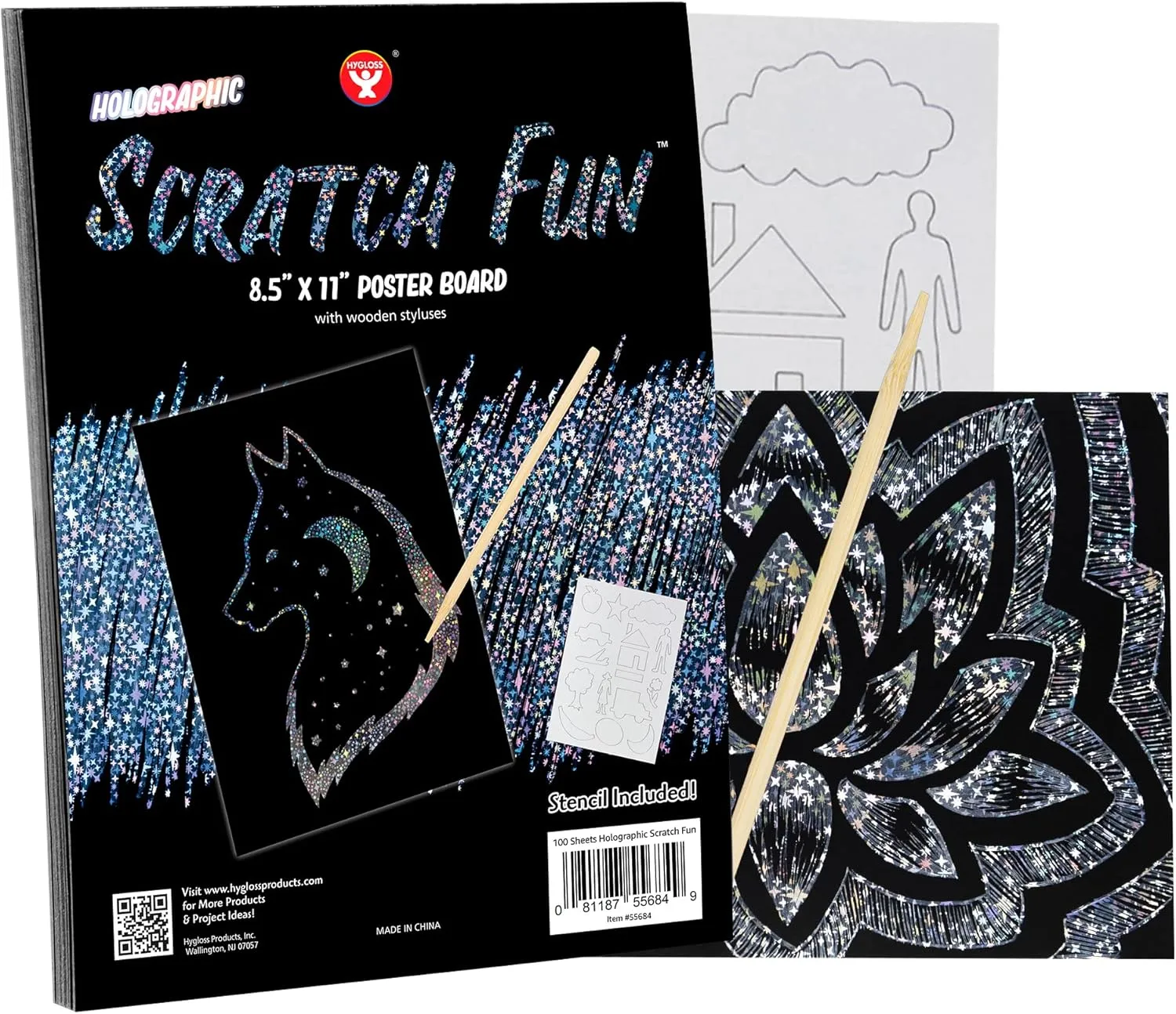 Hygloss Products Fun, Black Matte Scratch Art Set for Kids, Kit Includes 100 Silver Holographic Papers, 8.5 x 11 Inches and 20 Wooden Stylus Sticks