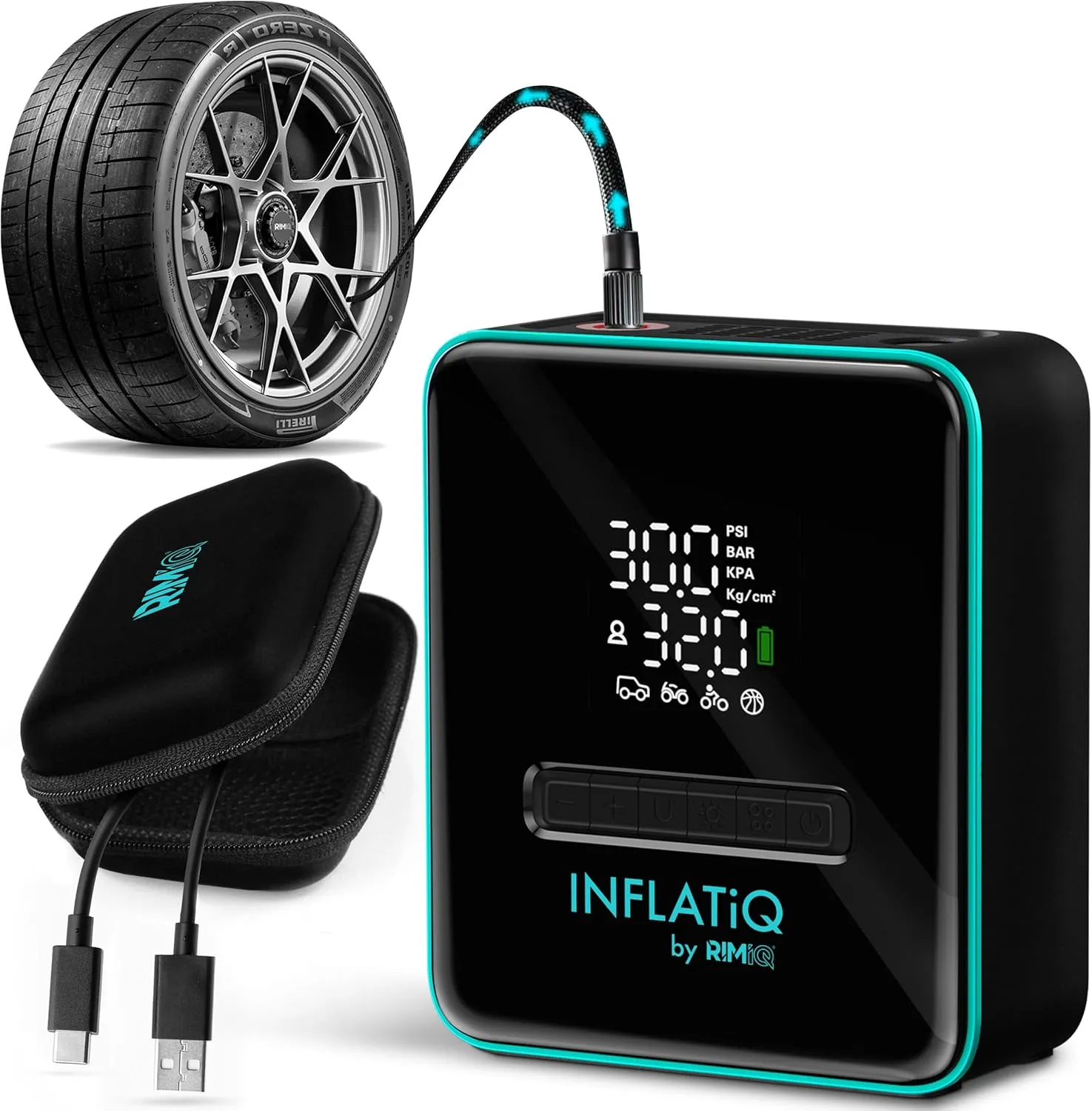 INFLATiQ by RIMiQ Tire Inflator - Powerful, Award-Winning QWIKFLOW Technology with 2 Portable Power Options Included - Strong Vehicle Air Pump for Trucks, Cars, Motorcycles, Bicycles, Balls and More