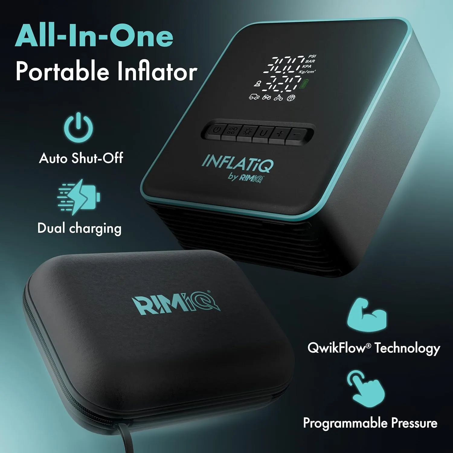 INFLATiQ by RIMiQ Tire Inflator - Powerful, Award-Winning QWIKFLOW Technology with 2 Portable Power Options Included - Strong Vehicle Air Pump for Trucks, Cars, Motorcycles, Bicycles, Balls and More