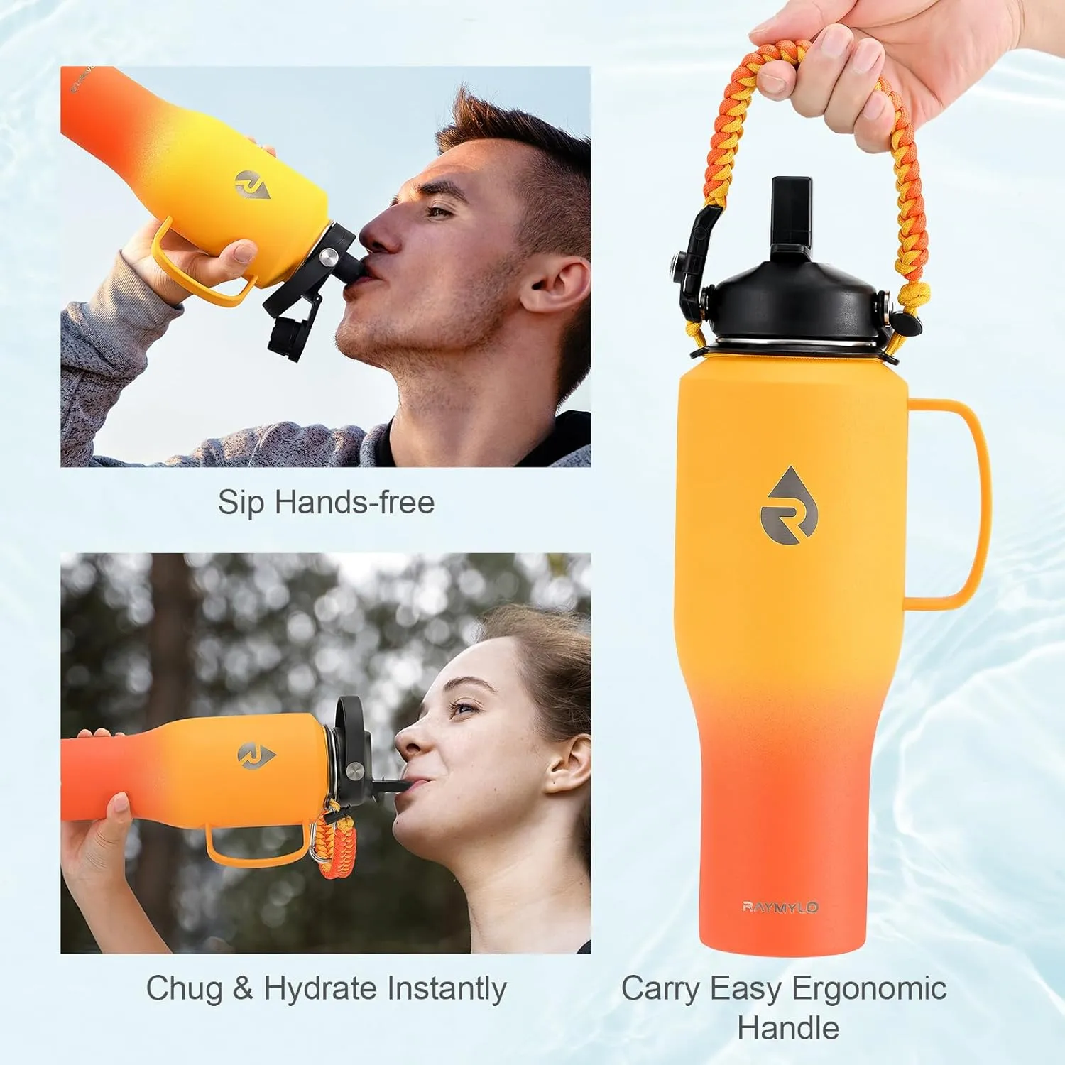 Insulated Water Bottle 40oz (Cold for 48 Hrs), Stainless Steel Water Bottle with Handle & Straw Lid & Paracord Handle, Triple Wall Vacuum Leakproof Travel Flask, Fit in Any Car Cup Holder
