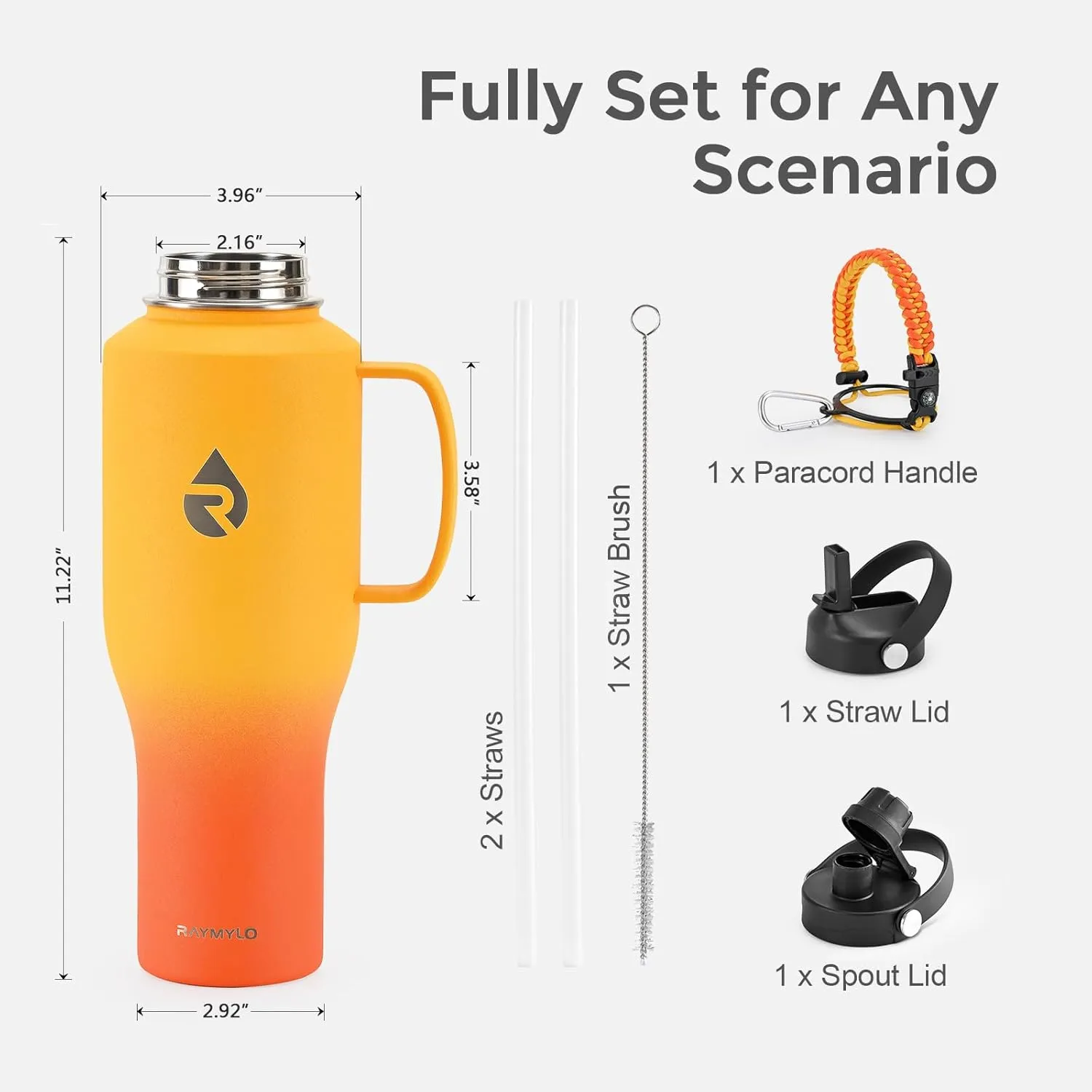 Insulated Water Bottle 40oz (Cold for 48 Hrs), Stainless Steel Water Bottle with Handle & Straw Lid & Paracord Handle, Triple Wall Vacuum Leakproof Travel Flask, Fit in Any Car Cup Holder