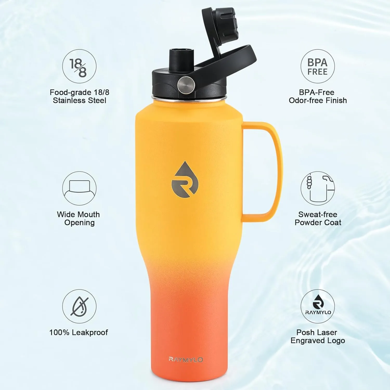 Insulated Water Bottle 40oz (Cold for 48 Hrs), Stainless Steel Water Bottle with Handle & Straw Lid & Paracord Handle, Triple Wall Vacuum Leakproof Travel Flask, Fit in Any Car Cup Holder