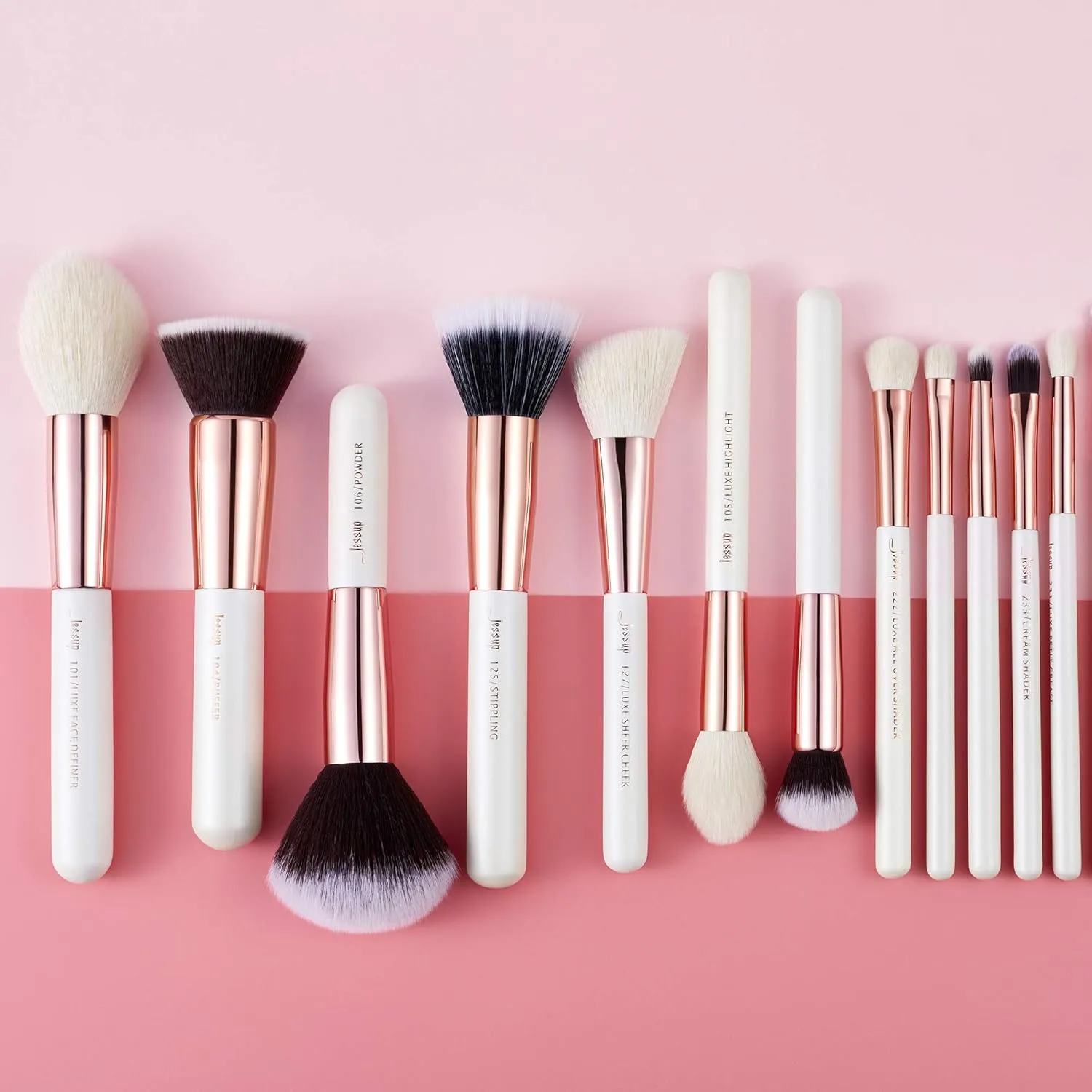 Jessup Brand 25pcs Professional Makeup Brush set Beauty Cosmetic Foundation Power Blushes eyelashes Lipstick Natural-Synthetic Hair Brushes set (Pearl White/Rose Gold)